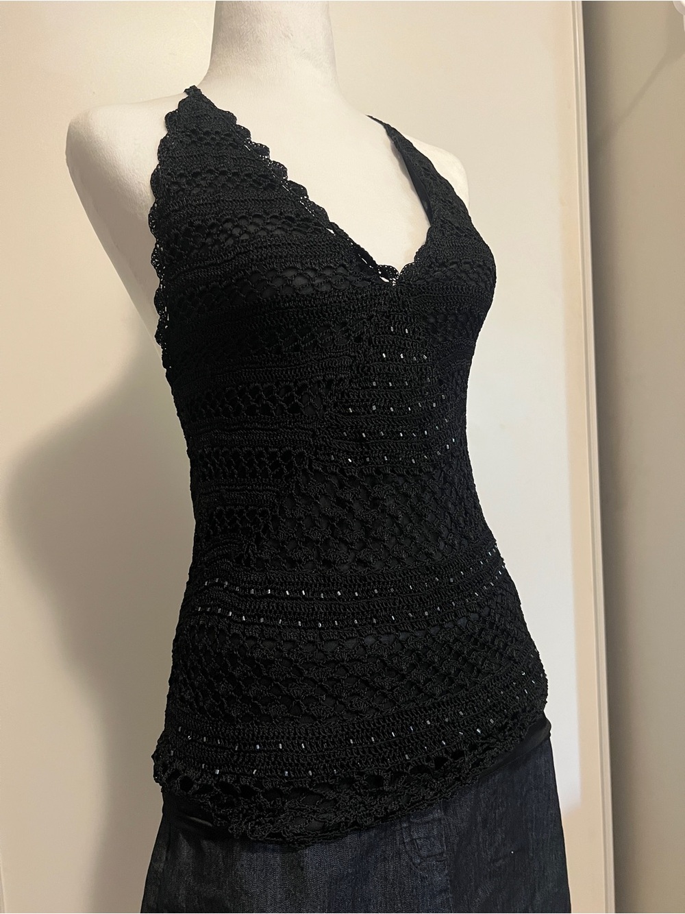 🖤 Vintage Rio Sud Micro-Beaded Crochet Halter – Whimsigoth / Boho Size M
